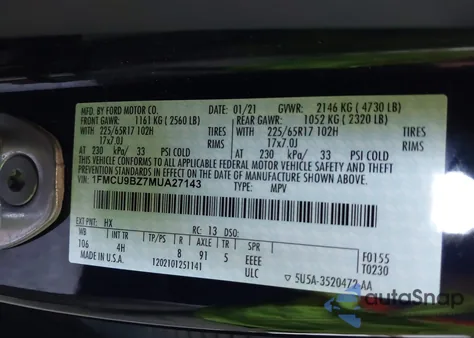 2021 Ford Escape Se from USA, damaged, VIN 1FMCU9BZ7MUA27143